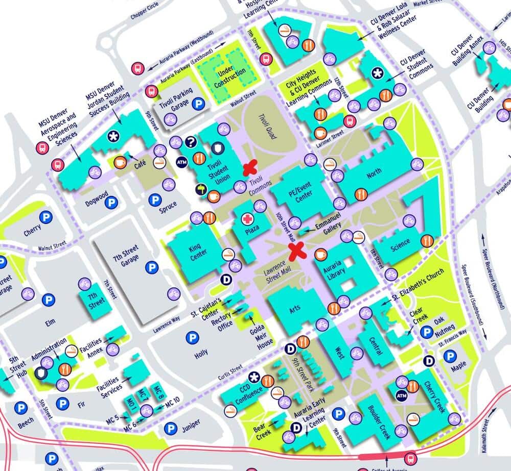 Campus map of the Auraria Campus in Denver with two red X marks: one at Tivoli Commons beside the Tivoli Student Union, one on the Lawrence Street Mall near the Auraria Library.