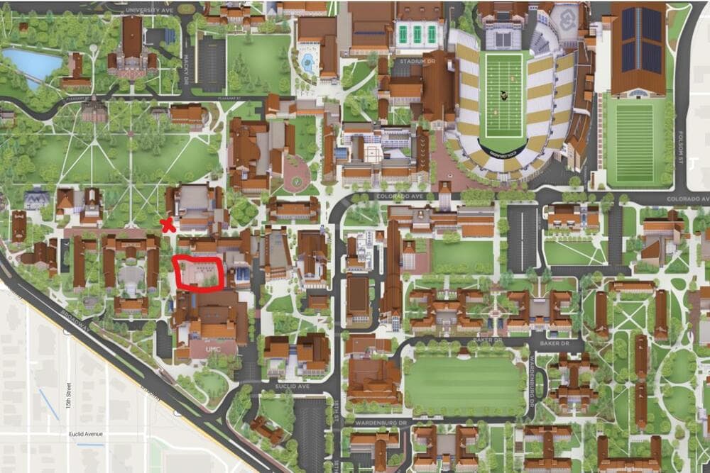 Illustrated map of the CU Boulder campus. A red square outlines the free-speech zone just north of the UMC; a red X sits one block north of it, near the Broadway and Euclid corner.